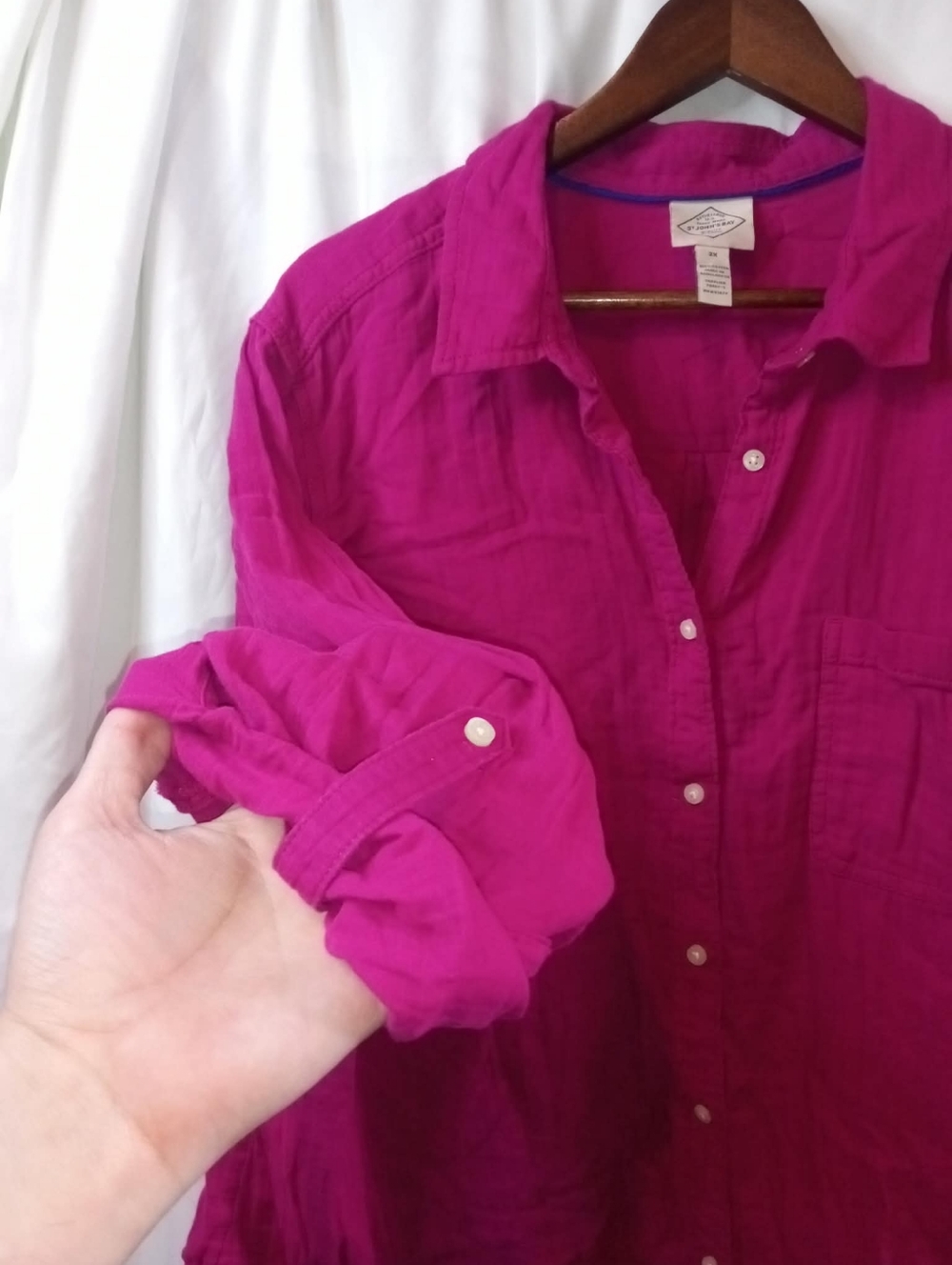St. John's Bay 2X Bold Fuchsia Button Shirt Pocket Office Casual Vibrant Plus - Picture 4 of 6